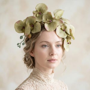 Könnte beinhalten: Ein floraler Kopfschmuck mit mehreren künstlichen Orchideenblüten in gedämpften Olivgrün- und Salbeitönen. Die Blüten sind in einer Gruppe mit kleinen grünen Knospen und Stielen angeordnet und bilden ein botanisches Accessoire für den Kopf.