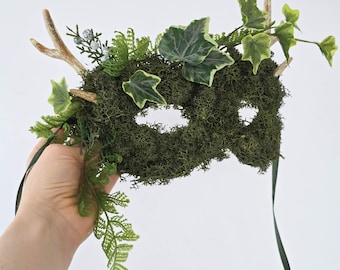 Horned Masquerade Mask: Green Moss & Ivy Leaf Woodland Costume