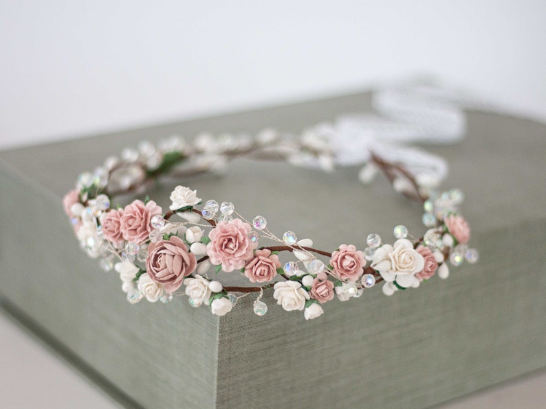 Dusty rose flower crown wedding, crystal hair wreath, dainty flower headband, bride bridesmaid flower girl halo, fine floral headpiece image 9