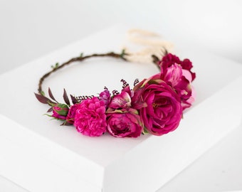 Fuchsia flower crown wedding, hot pink flower hairpiece, boho flower headband, bride bridesmaid headpiece, pink peony flower headdress