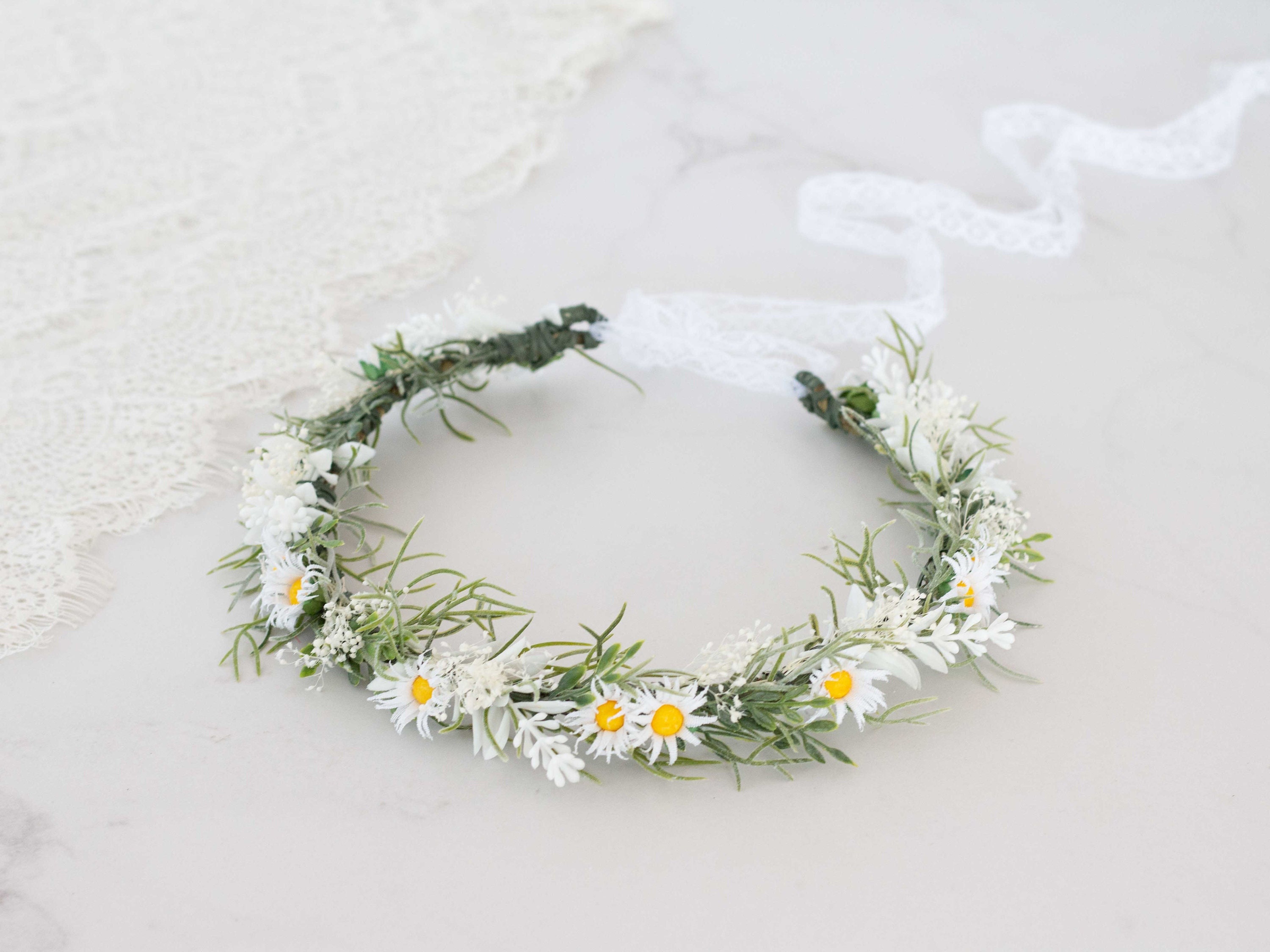 Corona de flores preservadas niña - Paniculata - Camomile Bouquet