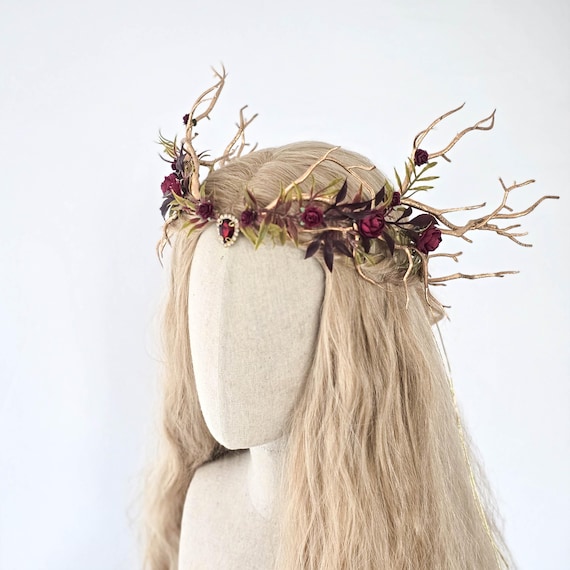 Burgundy & Gold Elven Crown: Fairy Headpiece for Enchanted Wedding