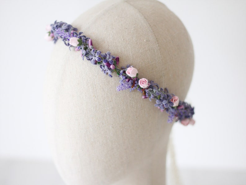 Lavender flower crown for wedding, dainty flower wreath, blush purple flower crown, delicate flower headband image 4