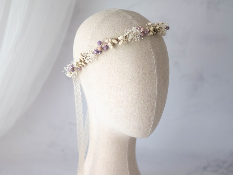 Dried flower crown for wedding, purple floral crown, baby breath headband, dainty flower headband, ivory lavender floral headband image 4