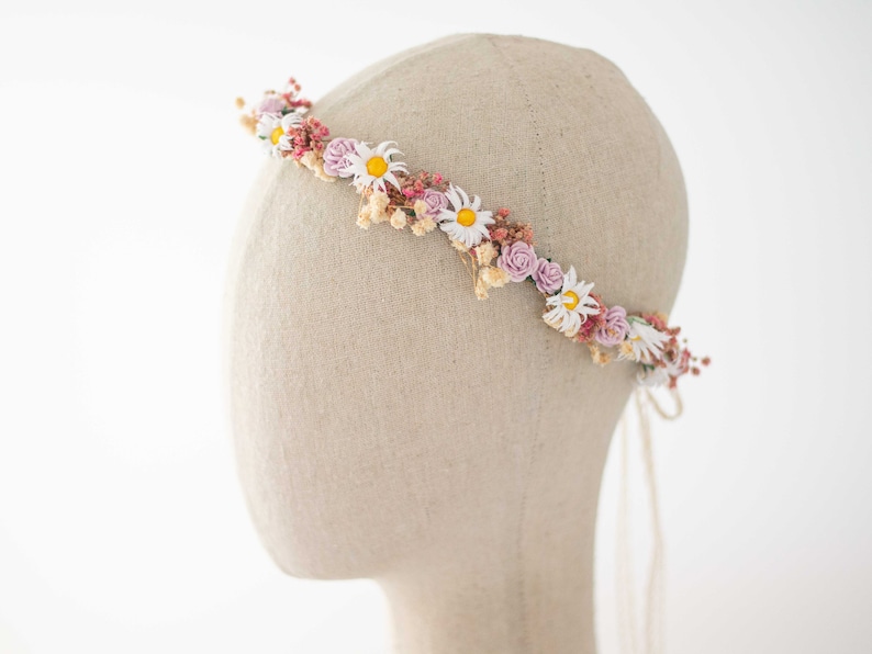 Meadow flower crown, dried flower crown for wedding, purple pink flower halo, preserved floral crown, dainty flower headband, flower girl imagem 3