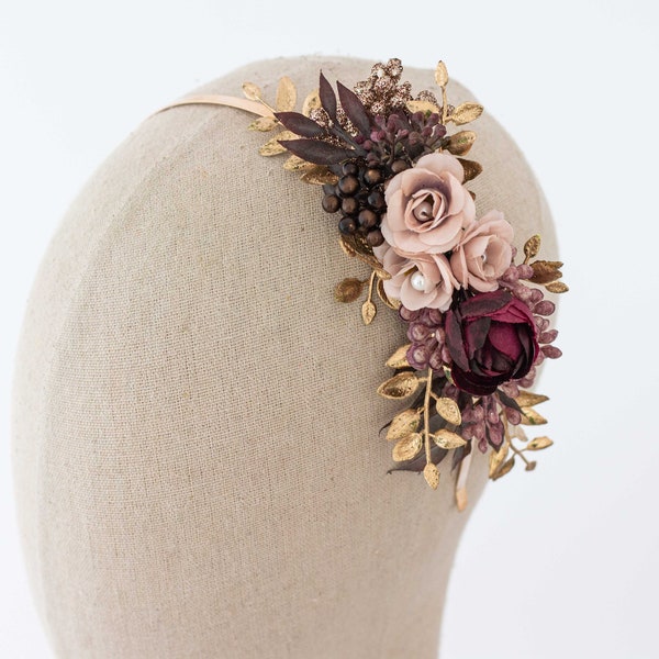 Burgundy flower headband, gold flower crown, gothic floral hairpiece, flower girl bridesmaid headdress fascinator, bridal hair wreath halo