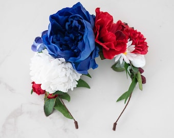 Red white blue flower crown, big flower headband, large flower headpiece, bohemian maternity flower headdress, festival hair accessories