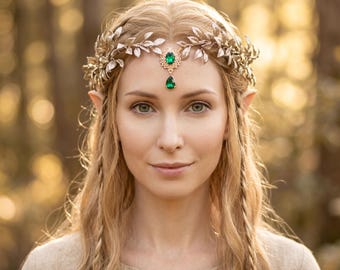 Gold Glitter Elven Crown: Emerald Green Gemstone Tiara