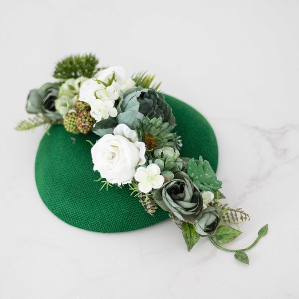 Green white fascinator hats for women derby, royal ascot hat, wedding guest floral headpiece, tea party head piece, women's fascinator