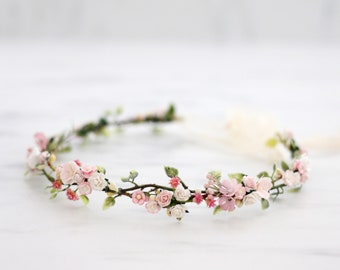 Blush pink flower crown, dainty floral crown, delicate flower crown, rustic headband, bridal flower crown wreath, flower girl halo