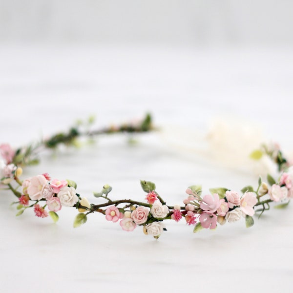 Blush pink flower crown, dainty floral crown, delicate flower crown, rustic headband, bridal flower crown wreath, flower girl halo