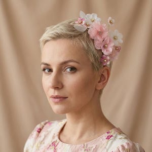 Puede incluir: Una diadema floral con flores de tela rosas y blancas. Las flores están dispuestas sobre una banda fina. La diadema la lleva una persona con el pelo corto y rubio. El fondo es de color neutro.