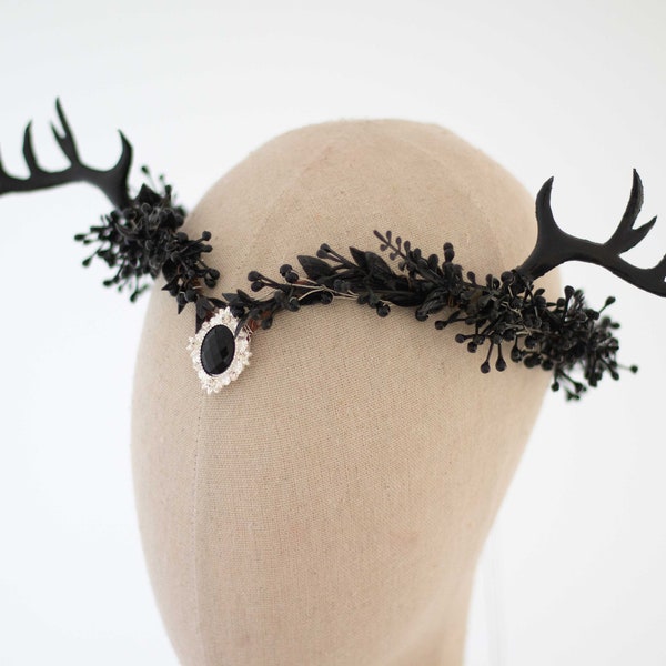 Black elven crown with antlers, woodland deer headband, fairy circlet, witch headpiece, elvish tiara, elven diadem, nymph horn headdress