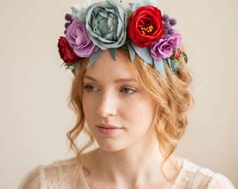 Teal & Red Flower Headband