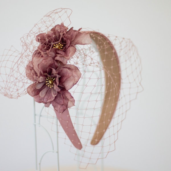 Dusty Rose Headband with Birdcage: Vintage Style Flower Fascinator