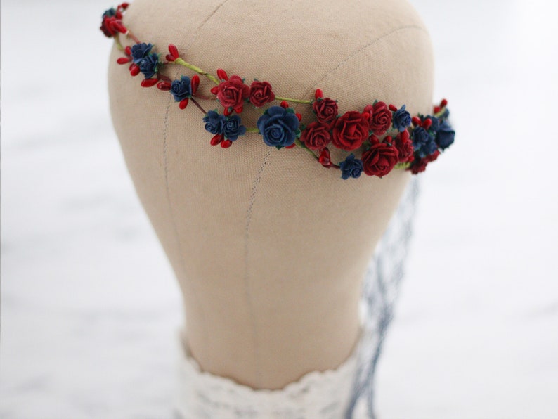 Burgundy navy blue flower crown wedding, rustic bride crown, bridal rustic crown, woodland floral crown, dark flower girl halo image 4