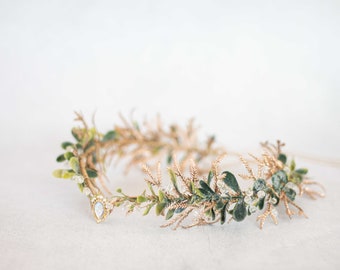 Elven tiara, gold green flower crown, fairy costume, wedding floral headband, crystal elven circlet, elf headpiece, flower girl halo diadem