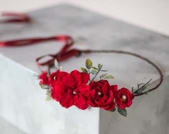 Red flower crown wedding, boho hair wreath, floral headband, bride bridesmaid groomsmaid flower girl halo, bachelorette party decorations