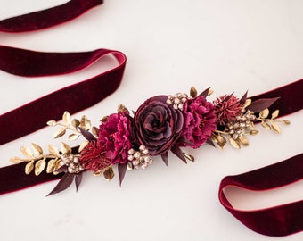 Flower sash for dress, burgundy velvet flower belt for baby shower, floral belt for pregnancy, bride bridesmaid flower girl belt wedding