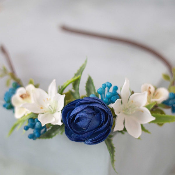 Royal blue flower headband, white blue flower crown, peony floral hairpiece, bridesmaid headdress fascinator, bridal hair wreath halo