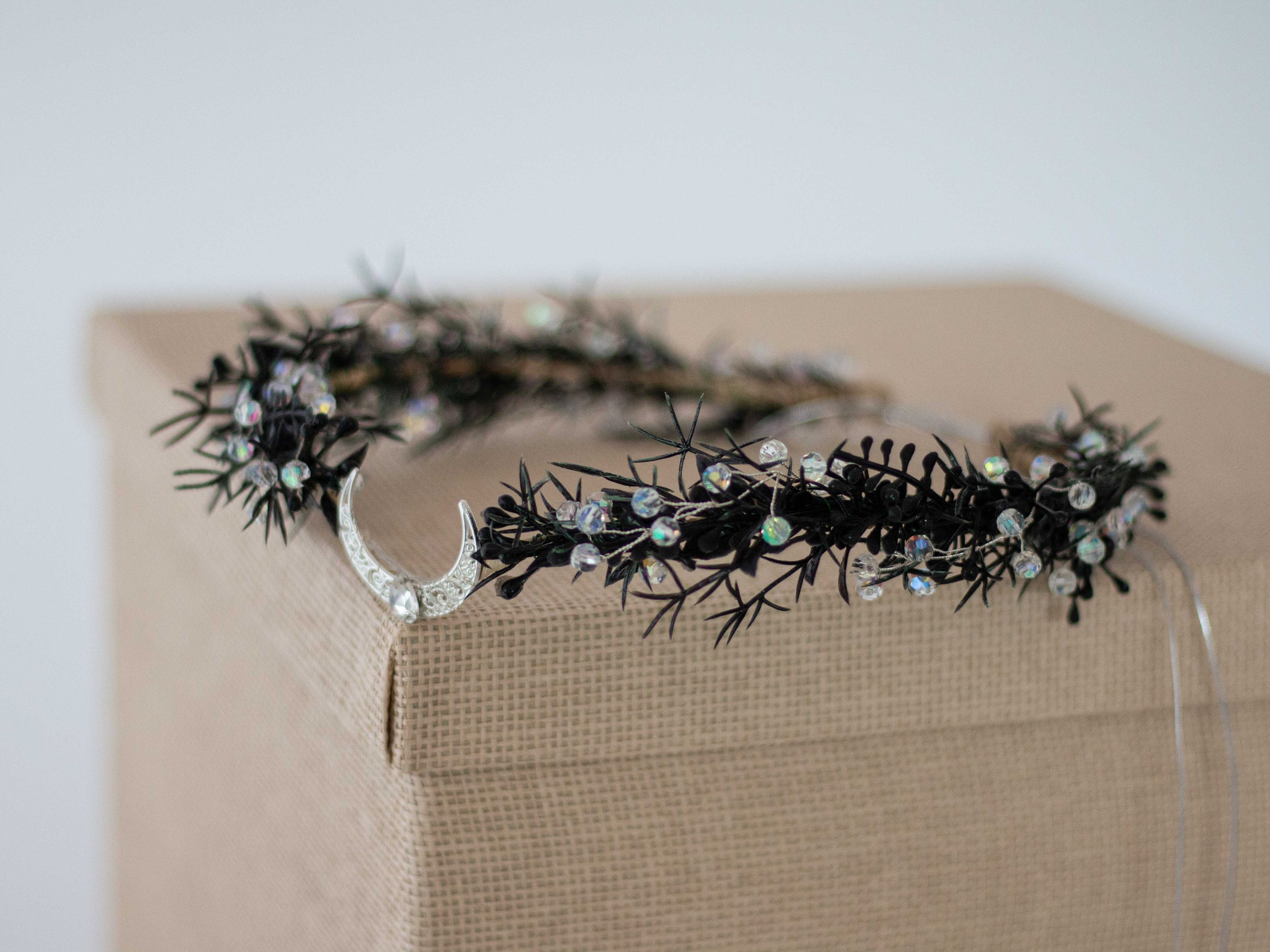 Crescent moon crown, black elven tiara, white fairy costume, wedding floral headband, crystal elven circlet, elf headpiece, flower girl halo