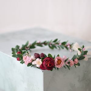 Blush burgundy flower crown wedding, rustic floral crown bride, burgundy flower wreath, burgundy flower girl, wedding flower halo