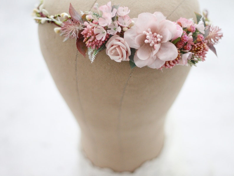 Dusty Pink Bridal Wreath Tie Back Flower Crown Mauve Flower Crown Wedding