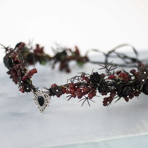 Black burgundy elven crown, forehead tiara, fae flower crown, fairy costume, wedding flower headband, dark elven circlet, woodland halo