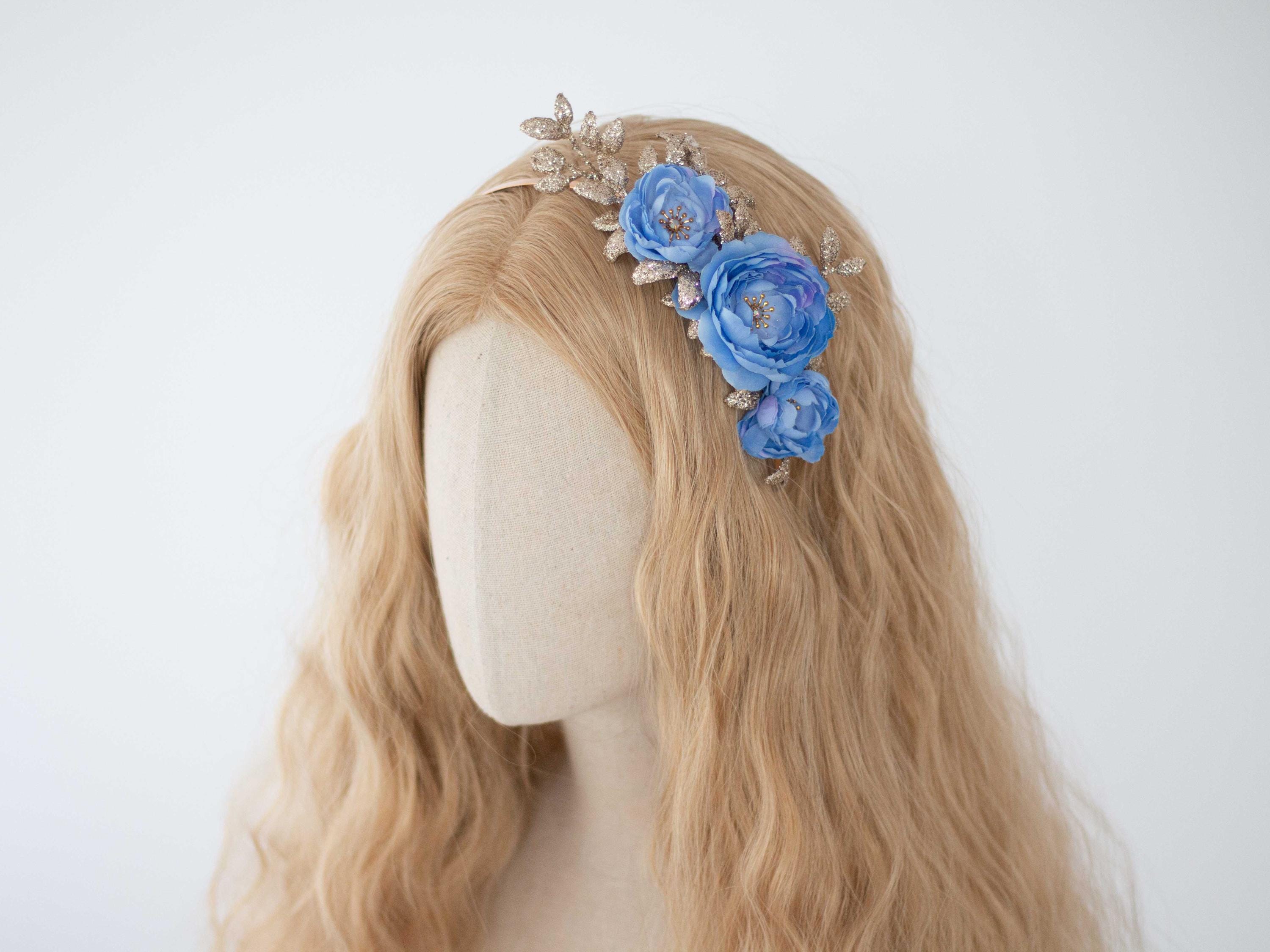 Elegant Blue and Gold Floral Headband navy blue flower crown royal blue floral headband crown  main image 2