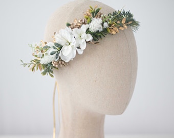 White gold flower crown wedding, rustic hair wreath, floral headband, side flower headpiece, winter wedding photo props, adjustable halo