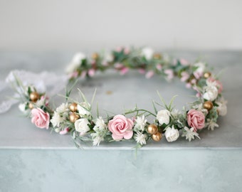 Blush flower crown wedding, dainty flower crown, greenery floral crown, rustic headband, bridal flower crown wreath, flower girl halo