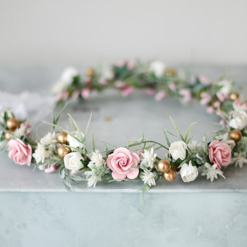 Peach Silk Poly Rose Halo Flower Girl Head Piece Band with Green Leaves 
