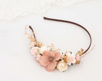 Dusty rose gold flower headband, shabby chic flower fascinator, gold leaves fascinator, goddess gold headband