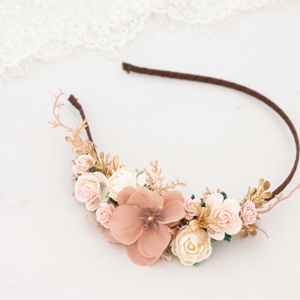 Dusty rose gold flower headband, shabby chic flower fascinator, gold leaves fascinator, goddess gold headband