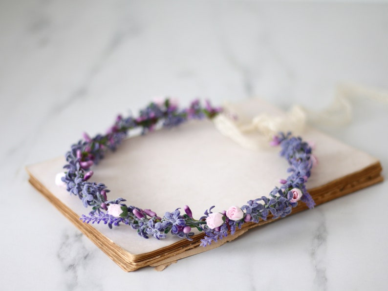 Lavender flower crown for wedding, dainty flower wreath, blush purple flower crown, delicate flower headband image 1