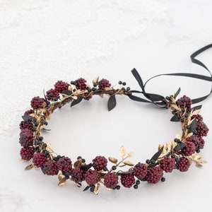 Gold burgundy flower crown, flower halo with raspberries, raspberry headband, golden flower headpiece, wedding hair wreath, dark flower halo image 7