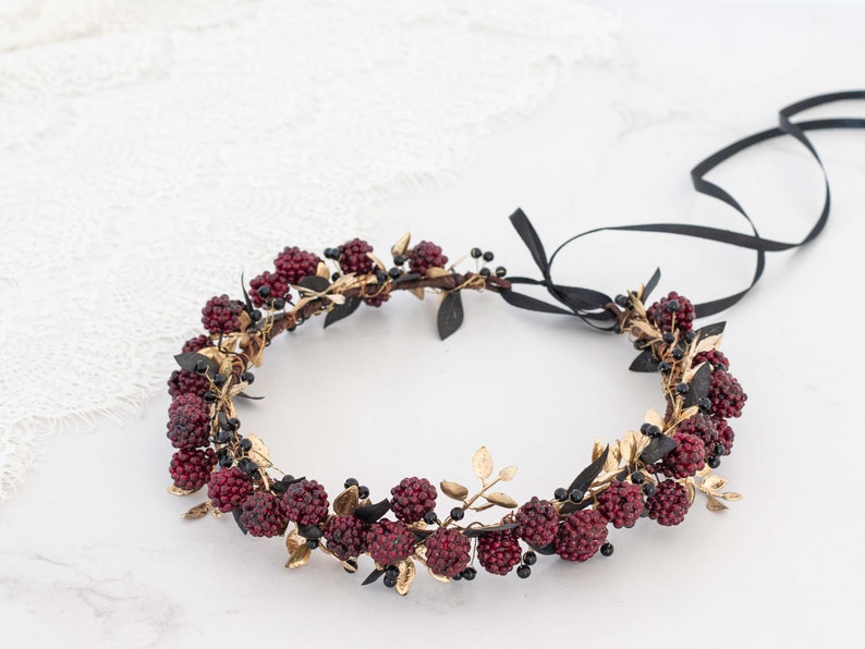 Gold burgundy flower crown, flower halo with raspberries, raspberry headband, golden flower headpiece, wedding hair wreath, dark flower halo image 7