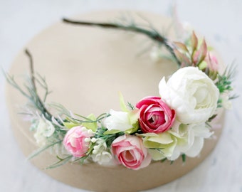 Blush ivory flower headband wedding, peony floral headband, hair wreath maid of honor, flower crown maternity shoot props