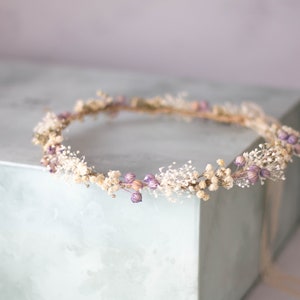 Dried flower crown for wedding, purple floral crown, baby breath headband, dainty flower headband, ivory lavender floral headband image 6
