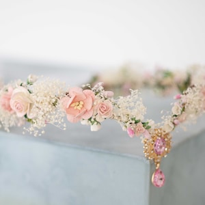 Blush Floral Elven Tiara, Fairy Wedding Crown