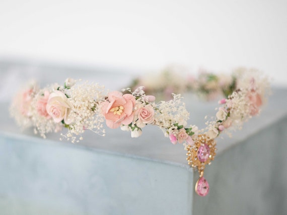 Blush Floral Elven Tiara, Fairy Wedding Crown - Etsy Denmark display picture 2
