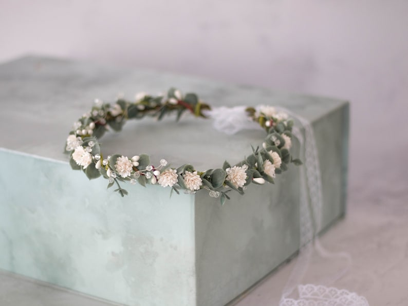 Eucalyptus flower crown wedding, green flower crown, eucalyptus headband, greenery bridal wreath, wedding headpiece, flower girl halo image 1