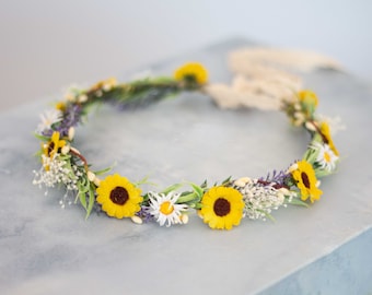 Sunflower daisy flower crown, sunflower lavender bridal headpiece, yellow flower crown, flower girl crown, sunflower halo
