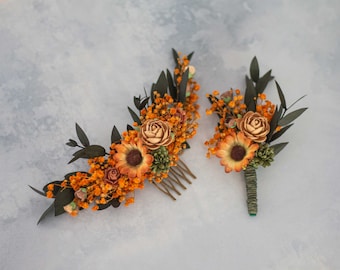 Orange flower comb and boutonniere, dried flower hair comb, bohemian floral comb wedding, sunflower flower comb, baby's breath comb