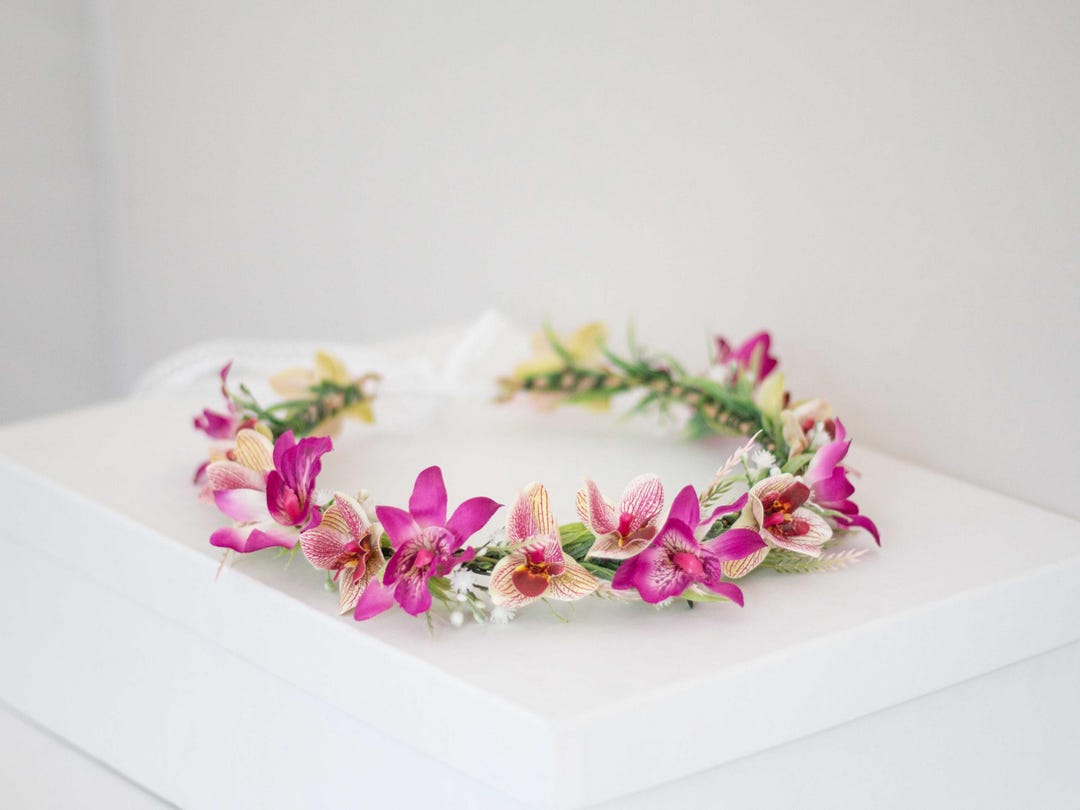 Tropical Flower Crown, Orchid Flower Headband, Hot Pink Purple Headpiece, Hawaiian Wedding Party, Destination Wedding, Haku Lei Head Wreath - Etsy Tropical Flower Crown, Orchid Flower Headband, Hot Pink Purple Headpiece, Hawaiian Wedding Party, Destination Wedding, Haku Lei Head Wreath - Etsy