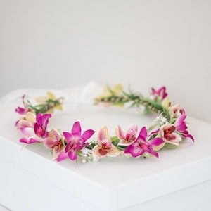 Tropical flower crown, orchid flower headband, hot pink purple headpiece, hawaiian wedding party, destination wedding, haku lei head wreath