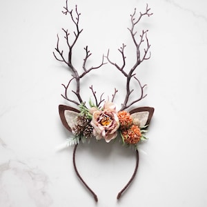 Fall colors deer antler headband, antlers with ears, faun costume headband, adult child deer floral headband, autumn photo props