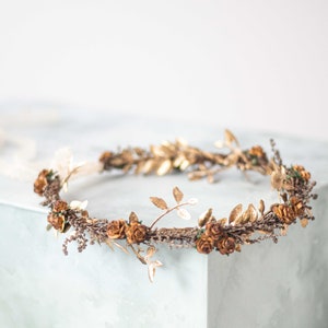 Brown gold flower crown for wedding, thin flower halo, thin floral crown, dainty flower headband flower girl, dried flower headband