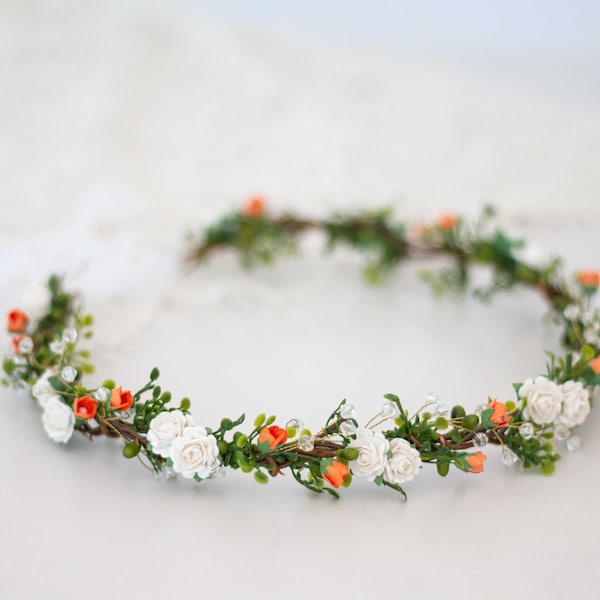 Orange white flower crown wedding, dainty hair weath, thin floral headpiece, boho delicate headband, bridal rustic crown, bohemian halo