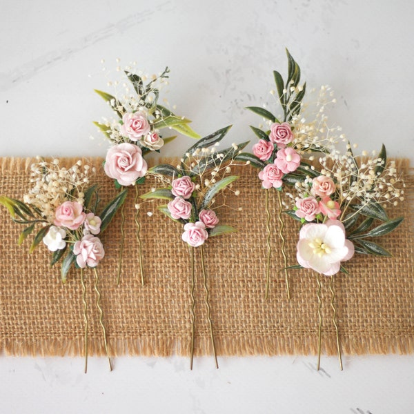 Pink blush flower pins, wedding hair pins, flower hair clip, bridal hair pins for bride or bridesmaid, baby's breath hair comb